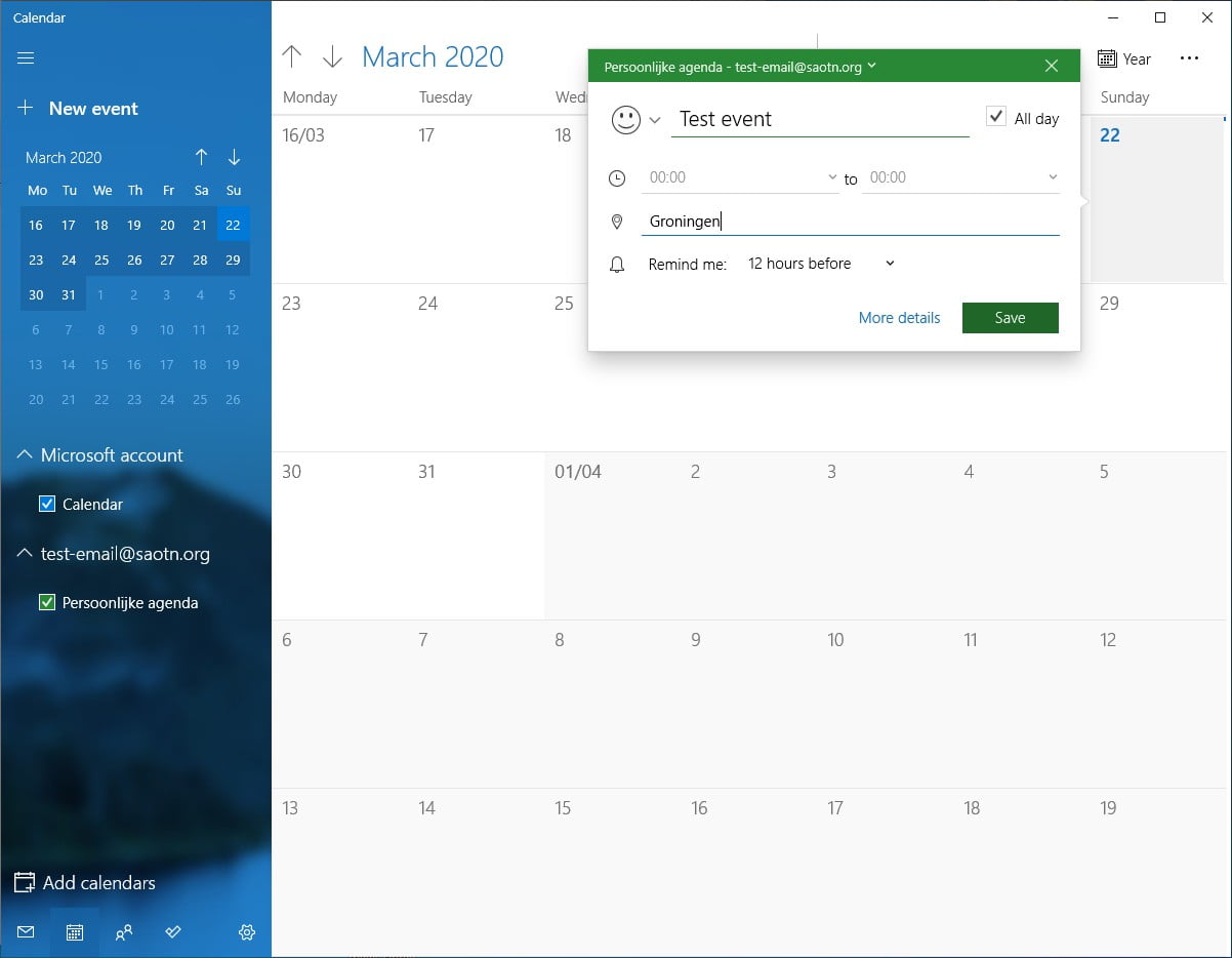 Windows 10 Mail Exchange ActiveSync Calendar
